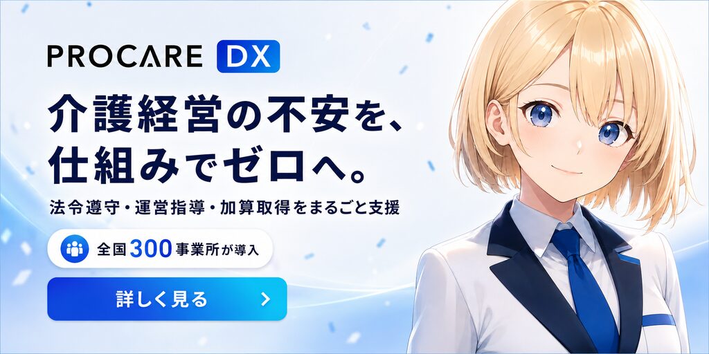 プロケアDXのバナーです。法令遵守、運営指導対策、書類作成